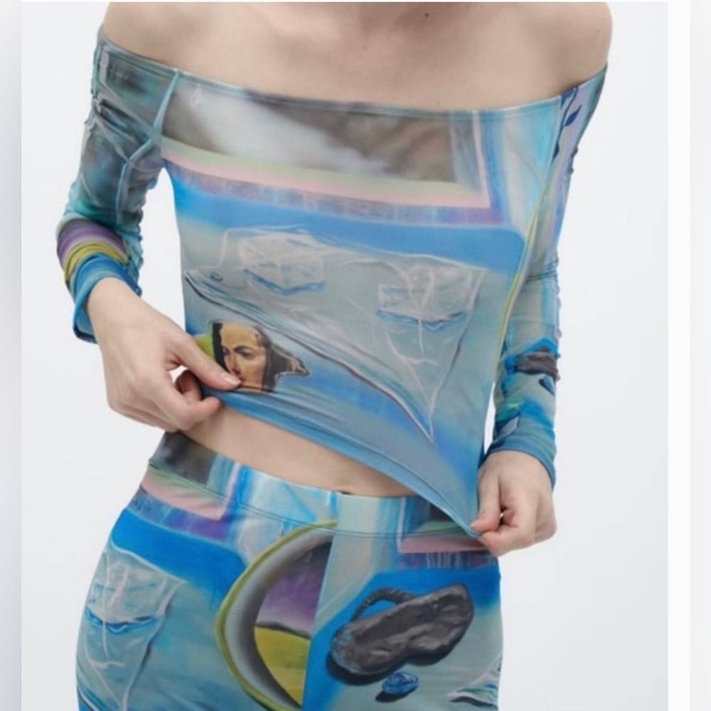 Zara limited edition larissa de Jesus negron print crop off shoulder mesh top
